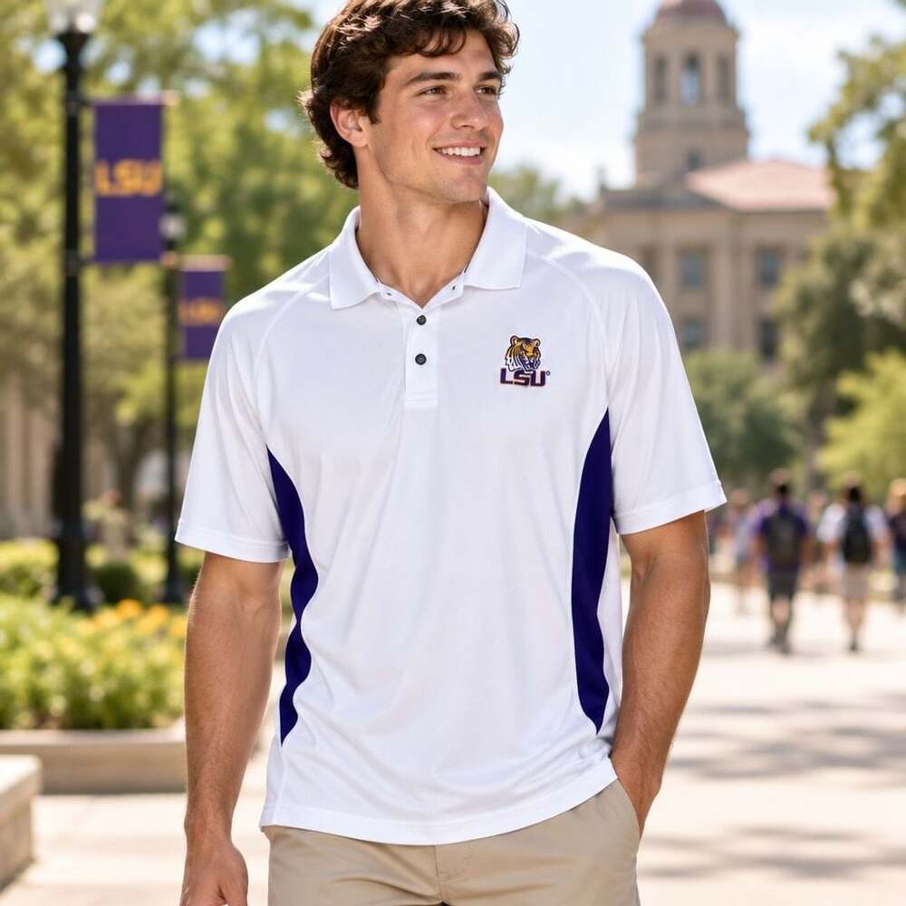 LSU Tigers Polo Shirt Size G White Purple Golf Performance